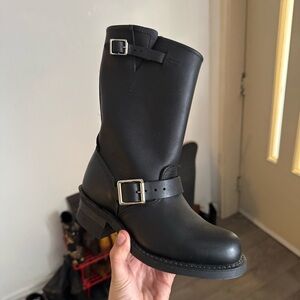 FRYE AND CO. Black Leather Mid-Calf Heeled Boots with Silver Buckles